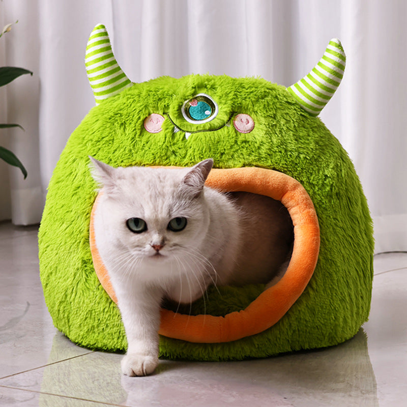 Cartoon Monster Cat Cave Bed - Fully Enclosed Cozy Pet House for All Seasons