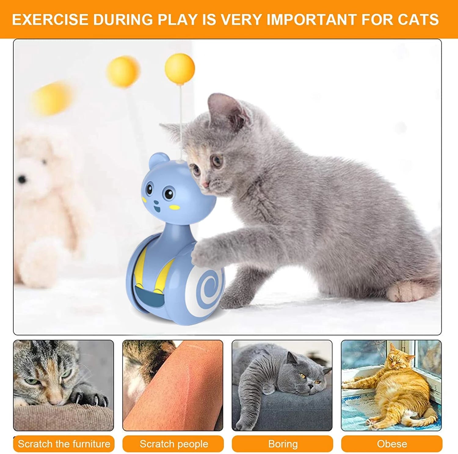 Cat Bumbler Feather Toy - Interactive Rotating Ball with Wand Teaser