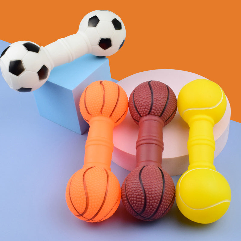 Sports Ball Dog Chew Toy - Squeaky Rubber Football Basketball Dumbbell