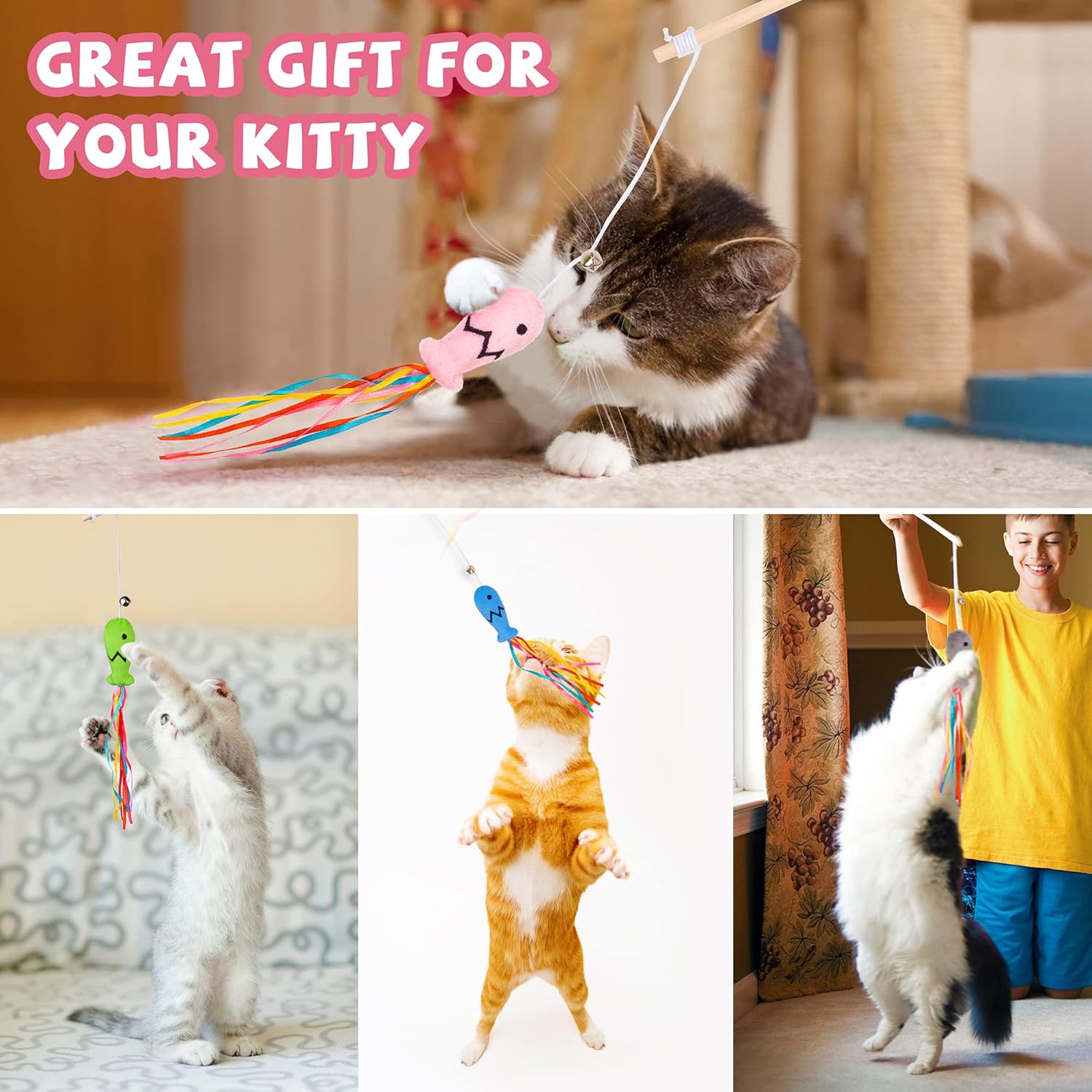 Cat Wand Toy with Catnip Fish & Ribbons - Interactive Teaser