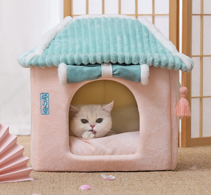 Cozy Cat House Villa - Enclosed Pet Bed with Removable Washable Cushion