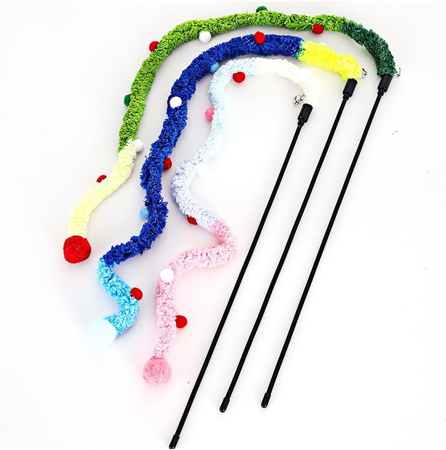 Colorful Plush Strip Cat Teaser Wand - Interactive Toy for All Breeds