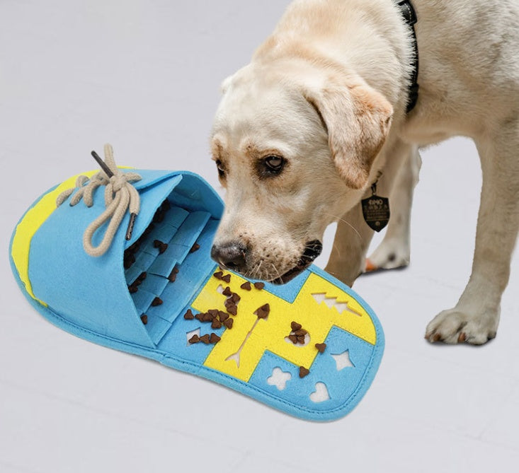 Shoe Shaped Dog Snuffle Toy - Squeaky Slow Feeder Treat Hiding Game