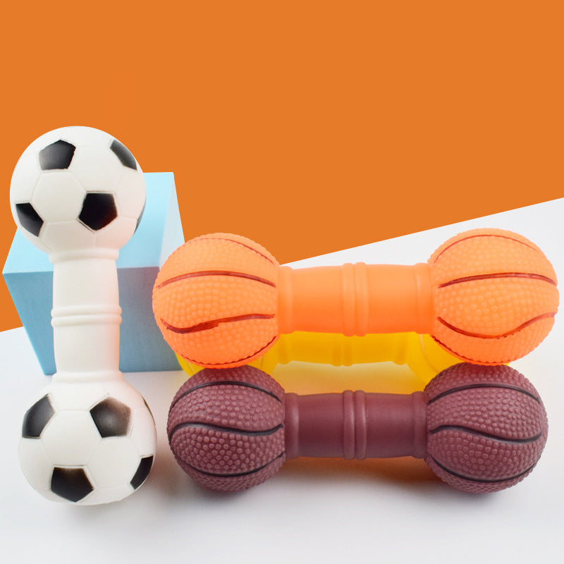 Sports Ball Dog Chew Toy - Squeaky Rubber Football Basketball Dumbbell