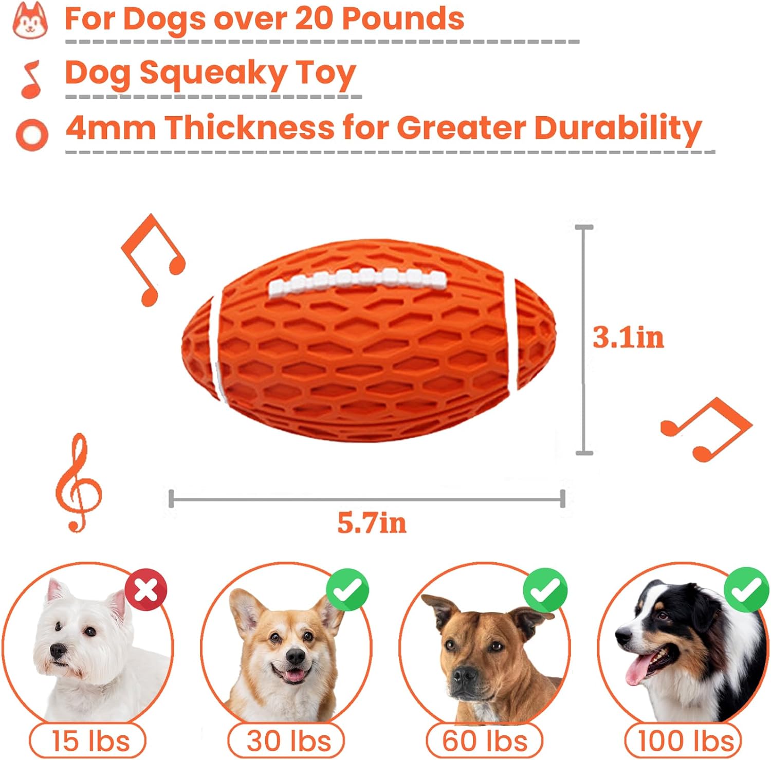Durable Rugby Dog Chew Toy - Squeaky Rubber for Aggressive Chewers (S/L)