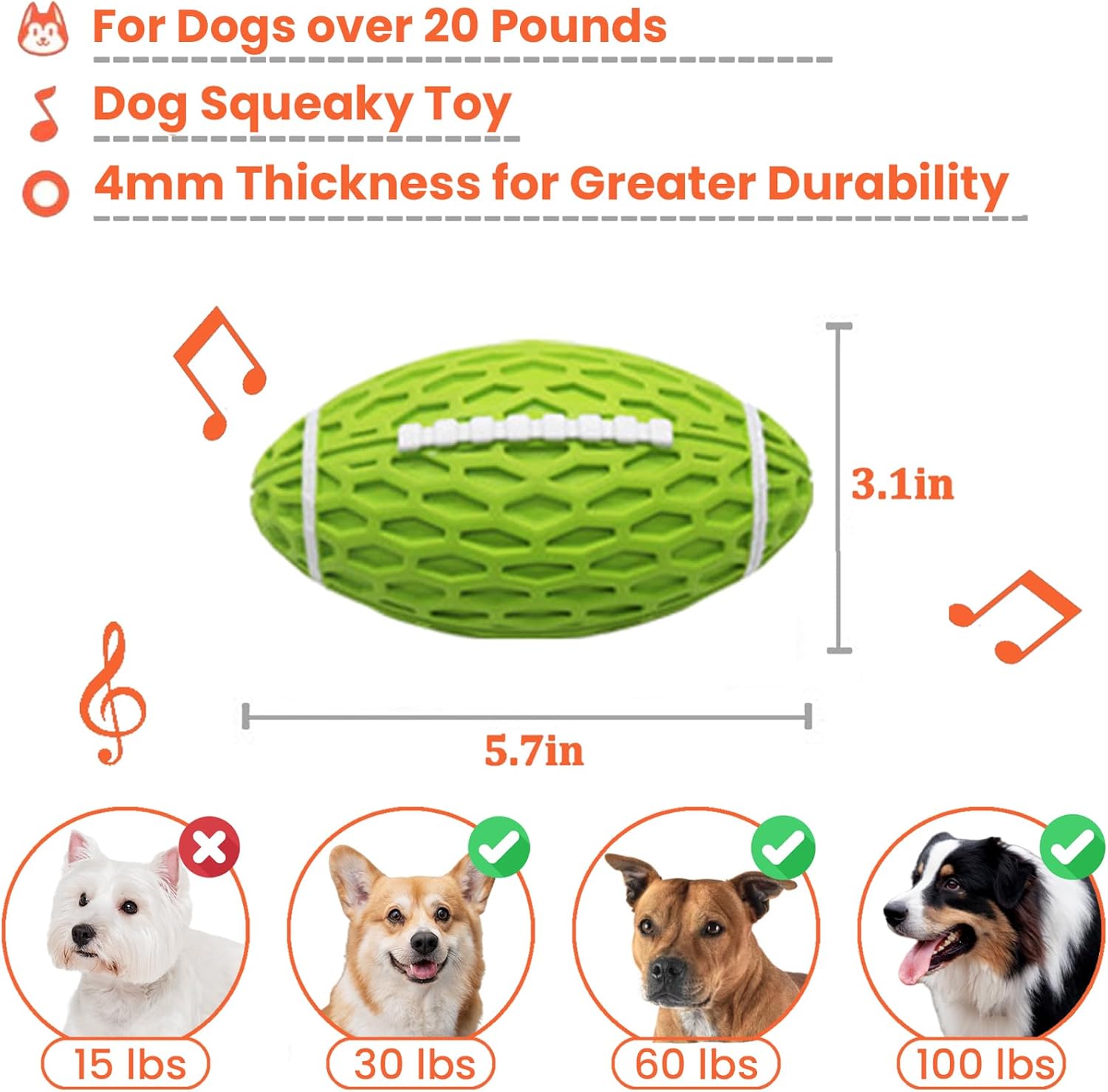 Durable Rugby Dog Chew Toy - Squeaky Rubber for Aggressive Chewers (S/L)