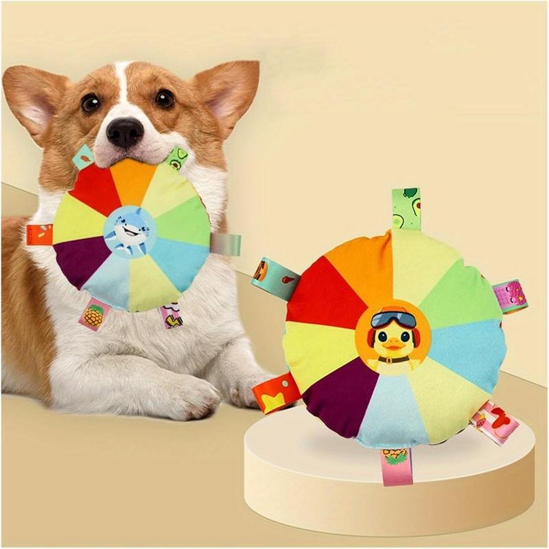 Plush Flying Disc Dog Toy - Squeaky Tug of War with Bell, 4 Fun Designs