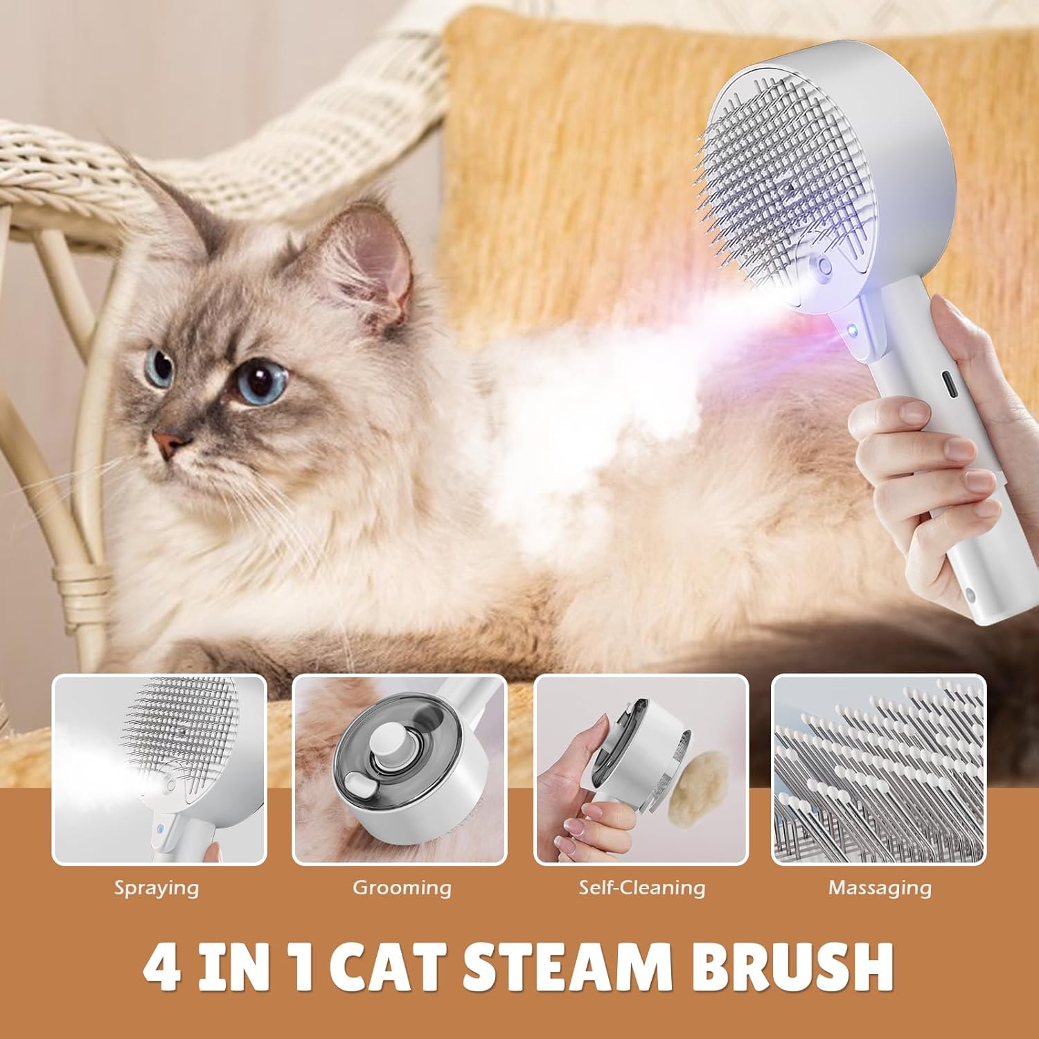 Premium Pet Steam Brush with 140° Deep-Clean Pins - Deshedding & Massage for Cats & Dogs