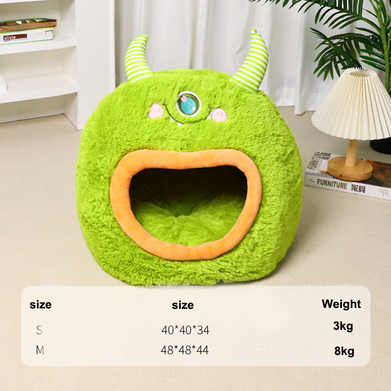 Cartoon Monster Cat Cave Bed - Fully Enclosed Cozy Pet House for All Seasons