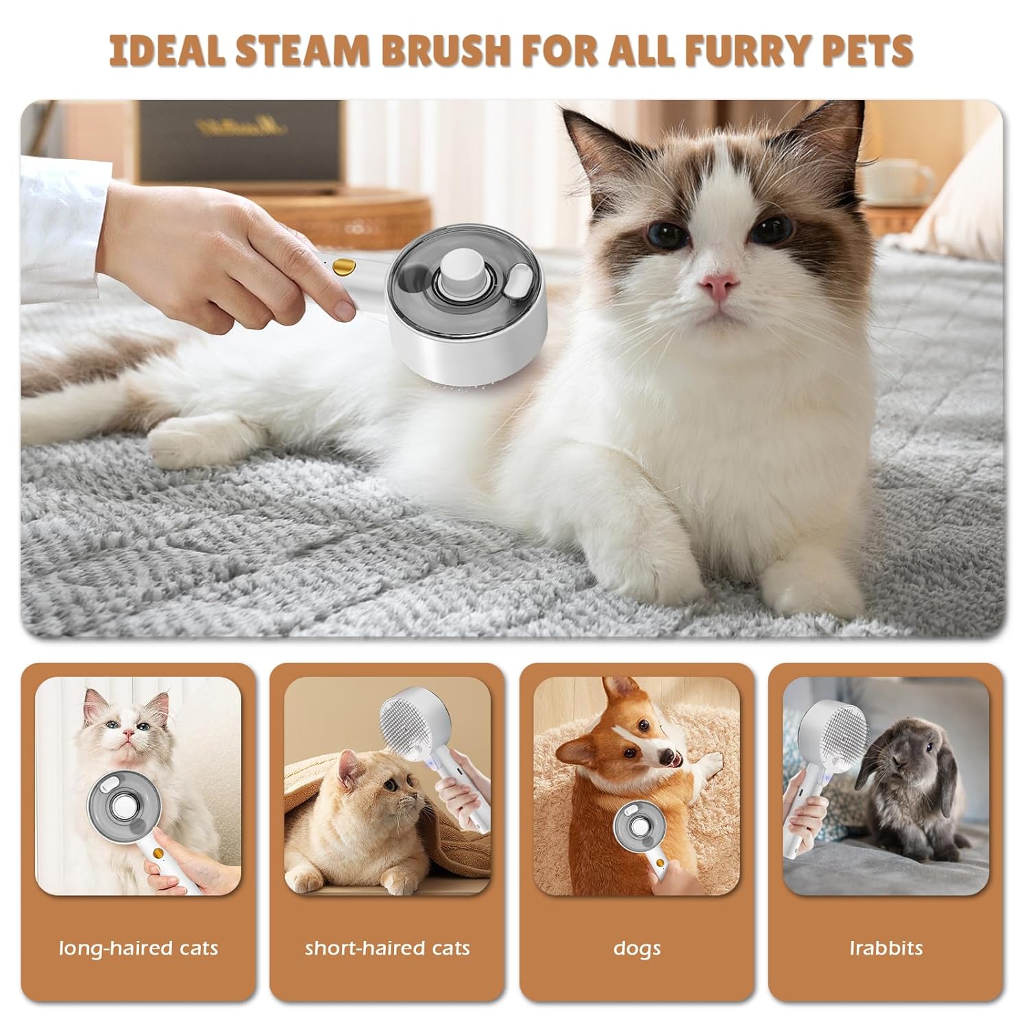 Premium Pet Steam Brush with 140° Deep-Clean Pins - Deshedding & Massage for Cats & Dogs