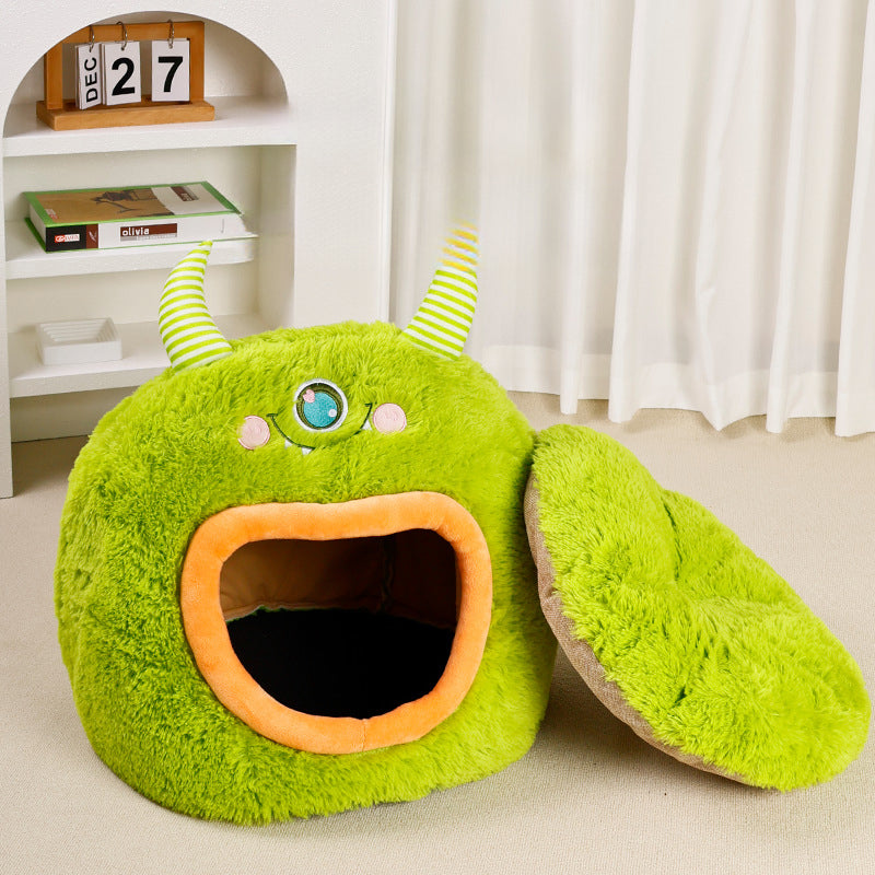 Cartoon Monster Cat Cave Bed - Fully Enclosed Cozy Pet House for All Seasons