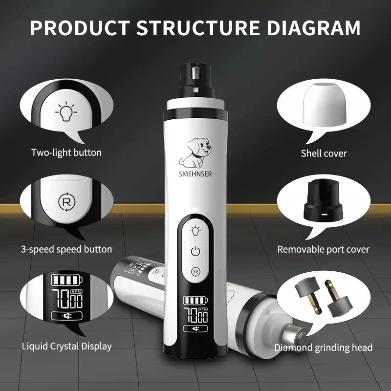 Electric Pet Nail Grinder with LED Light - USB Rechargeable