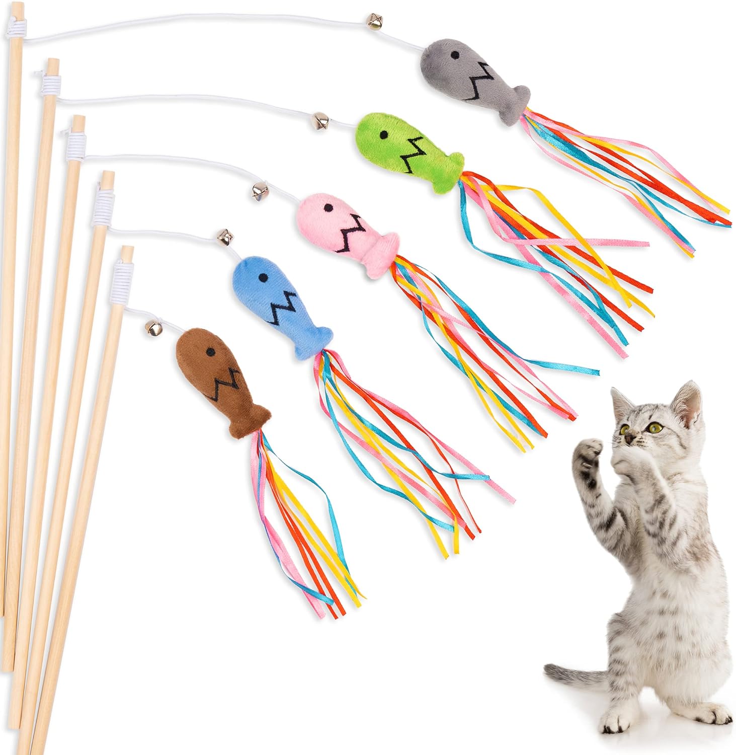 Cat Wand Toy with Catnip Fish & Ribbons - Interactive Teaser