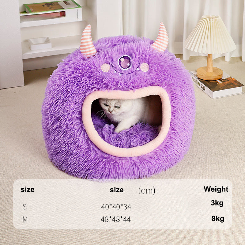 Cartoon Monster Cat Cave Bed - Fully Enclosed Cozy Pet House for All Seasons