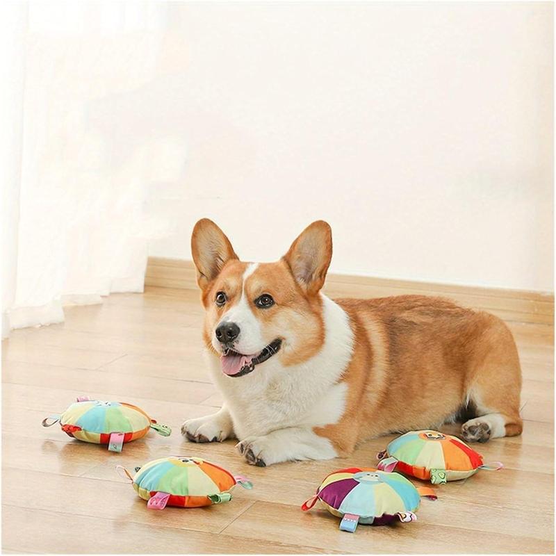 Plush Flying Disc Dog Toy - Squeaky Tug of War with Bell, 4 Fun Designs