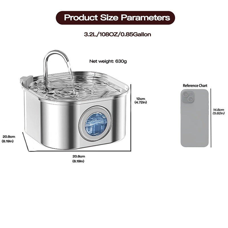 3.2L stainless steel pet water fountain front view