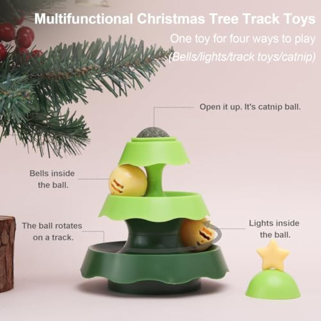Christmas Tree Cat Track Toy - 2-in-1 Roller Ball with Catnip