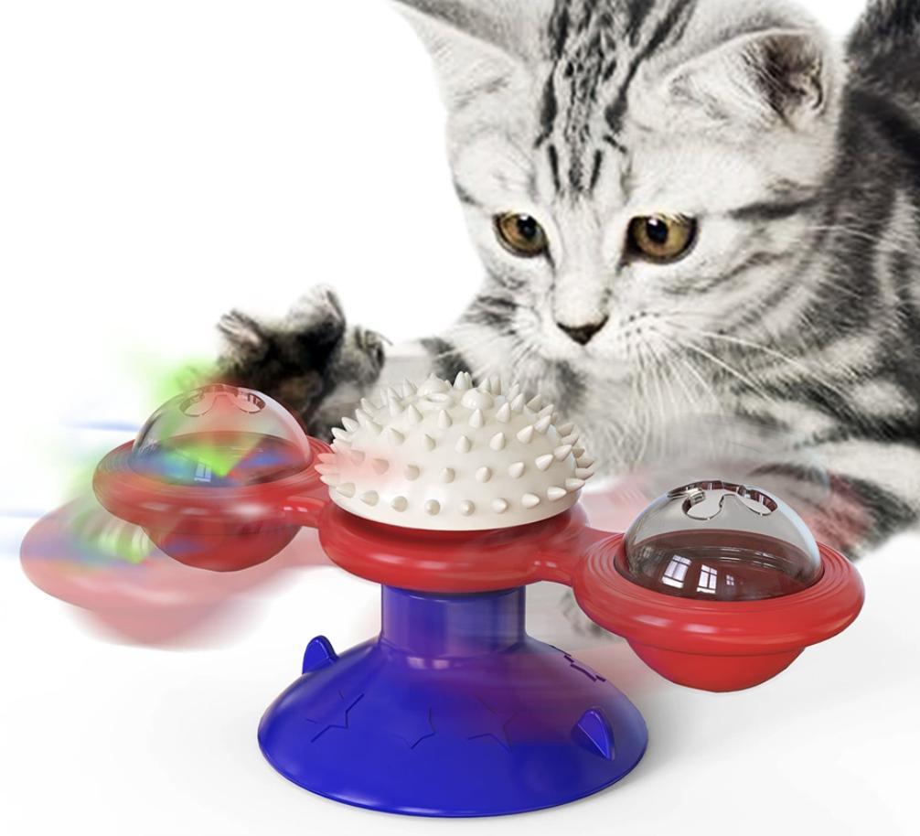 Interactive Windmill Cat Toy - LED Ball & Catnip Holder with Suction Cup