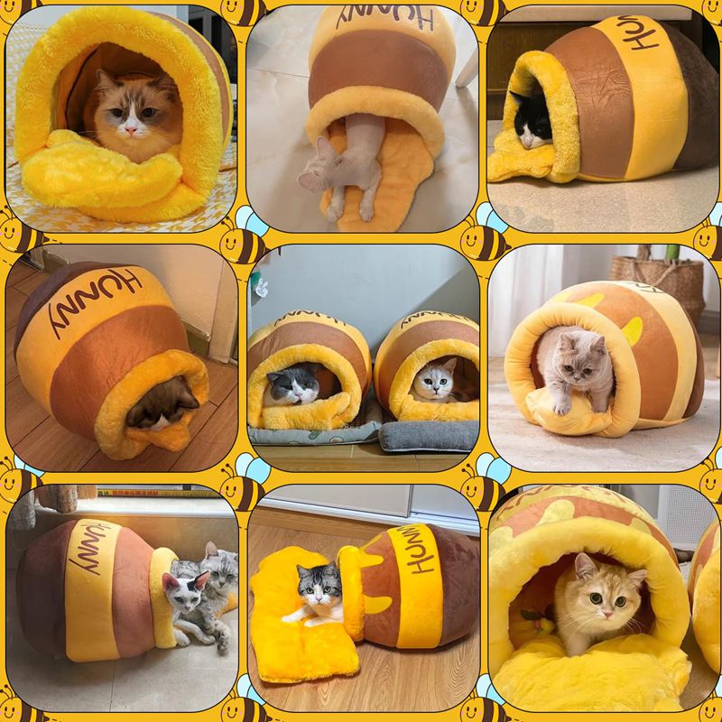 Honey Pot Cat Cave Bed - Cozy Plush Nest with Removable Cushion