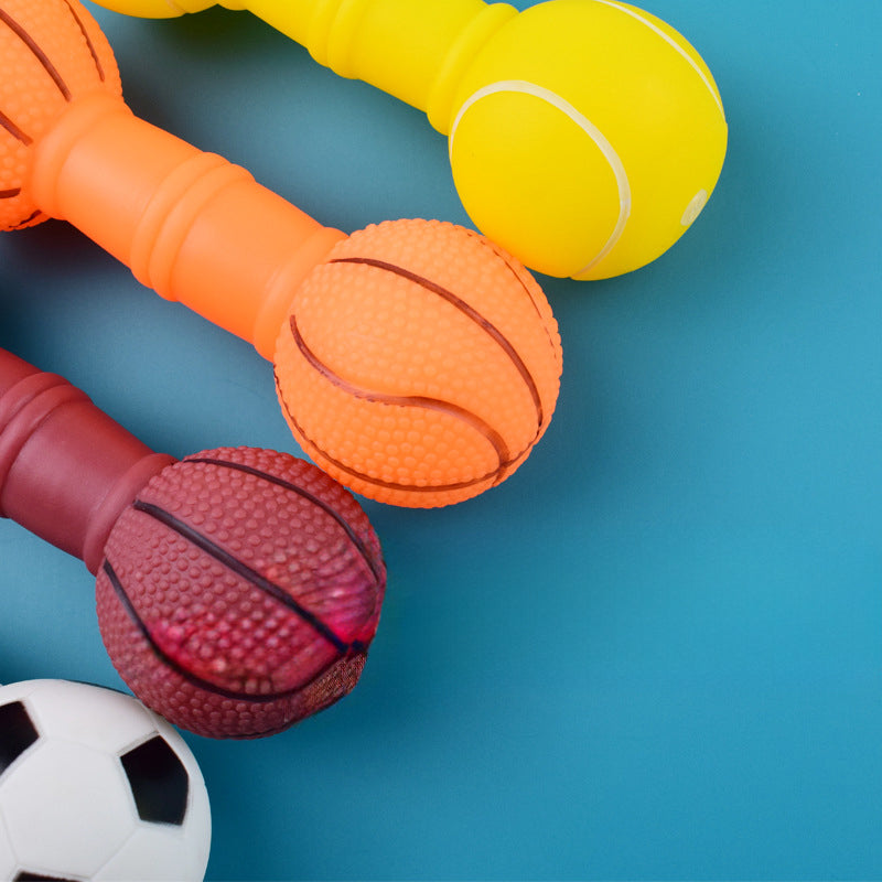 Sports Ball Dog Chew Toy - Squeaky Rubber Football Basketball Dumbbell