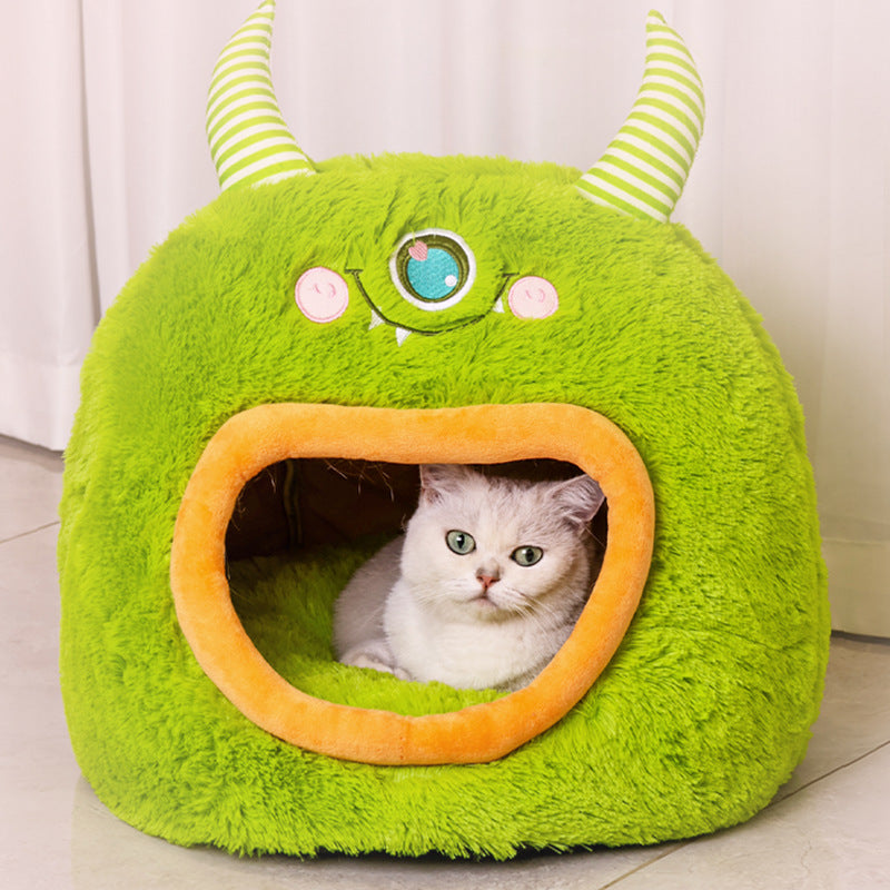 Cartoon Monster Cat Cave Bed - Fully Enclosed Cozy Pet House for All Seasons