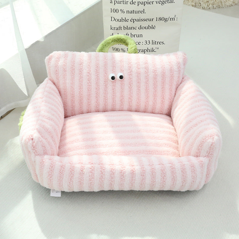 Big Eye Sofa Pet Bed - Cozy Striped Nest for Cats & Dogs
