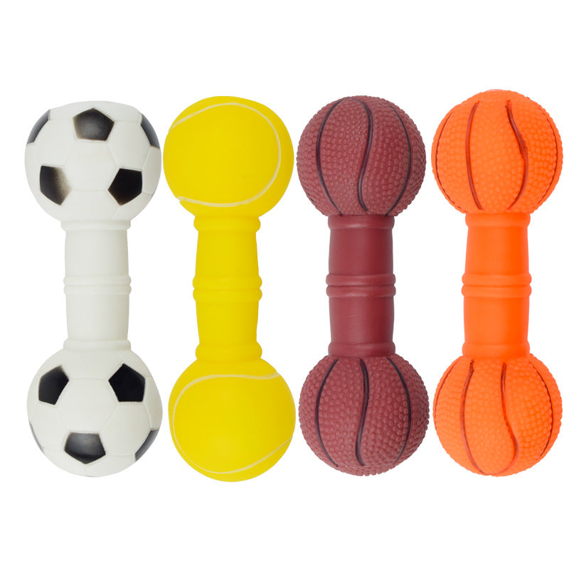 Sports Ball Dog Chew Toy - Squeaky Rubber Football Basketball Dumbbell