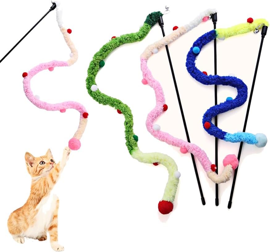 Colorful Plush Strip Cat Teaser Wand - Interactive Toy for All Breeds